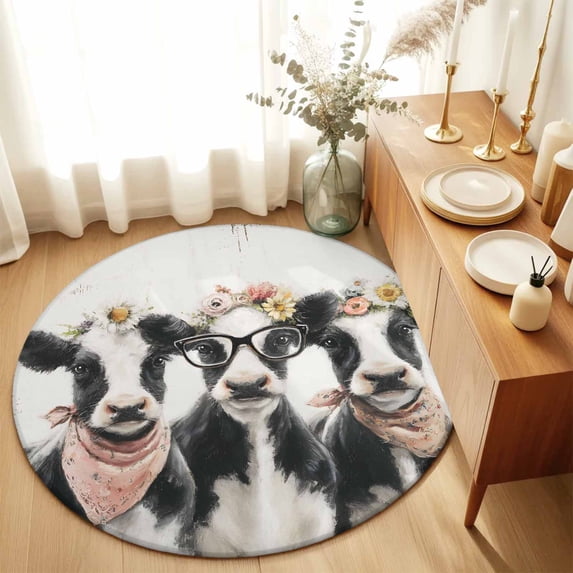 Round Rugs 5Ft, Funny Cows Round Area Rug Washable Indoor Throw Carpet, Retro Country Animals Floral Wreath Farmhouse Beige Soft Non Slip Circle Rug for Cabinet Bathroom Home Decor Aesthetic