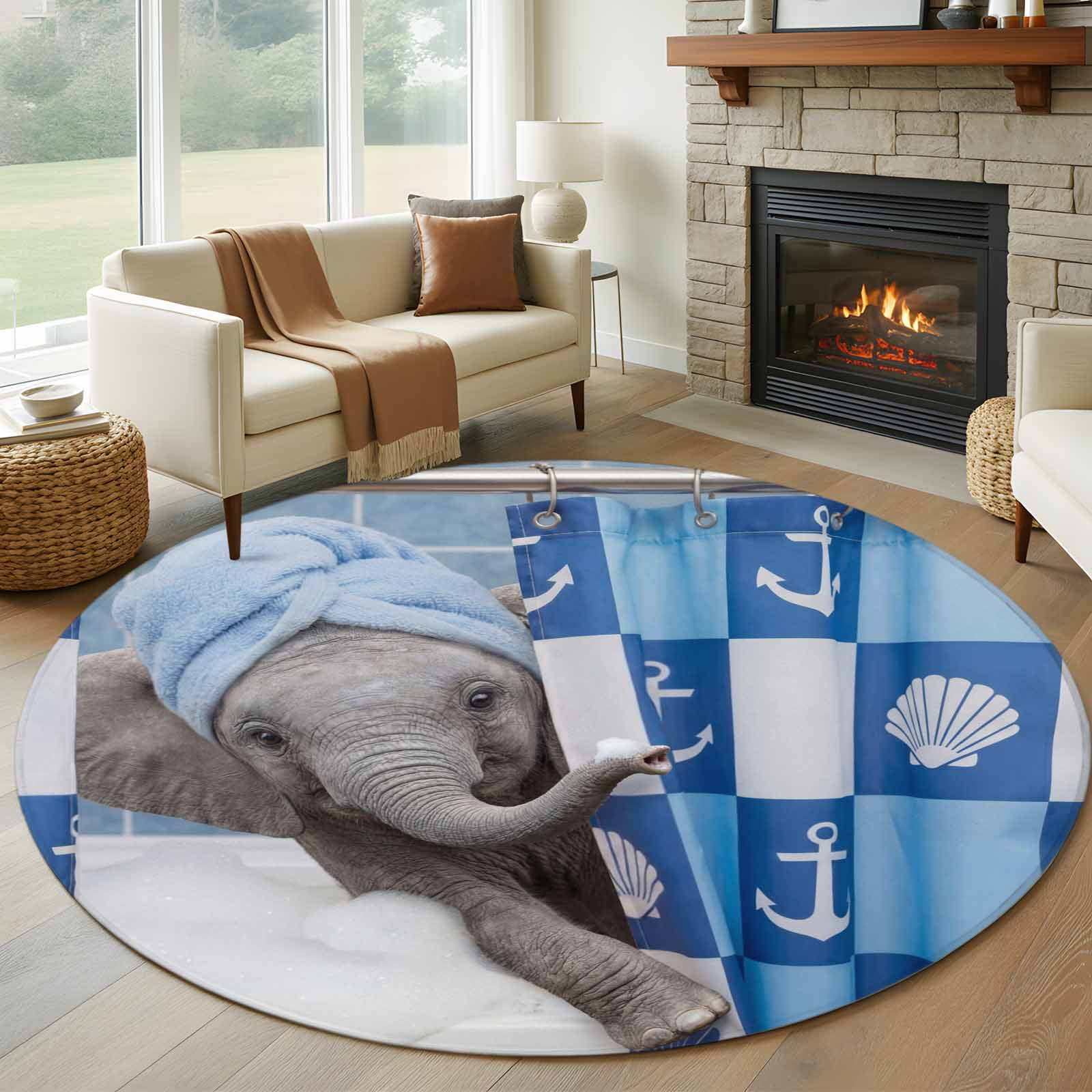 Round Rugs 5Ft, Funny Elephant Round Area Rug Washable Indoor Throw ...