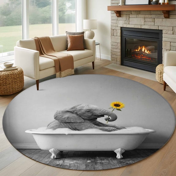 Round Rugs 5Ft, Funny Elephants Round Area Rug Washable Indoor Throw Carpet, Cute Art Vintage Lovely Animals on Bathtub Soft Non Slip Circle Rug for Cabinet Bathroom Home Decor Aesthetic