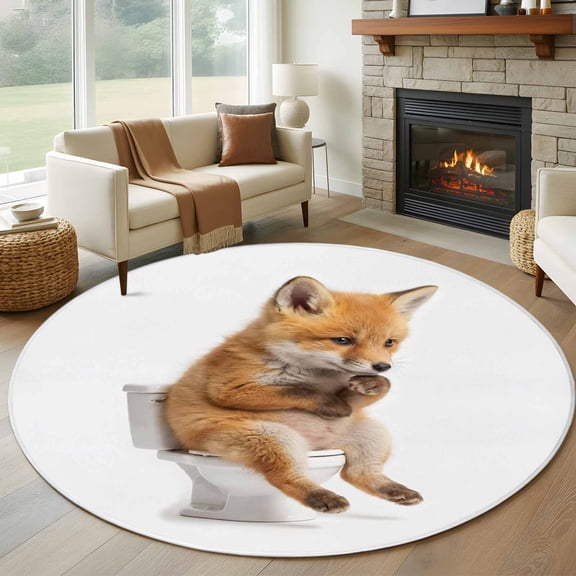 Round Rugs 5Ft, Funny Foxes Round Area Rug Washable Indoor Throw Carpet, Cute Art Fun Lovely Animals on Toilets Soft Non Slip Circle Rug for Cabinet Bathroom Home Decor Aesthetic