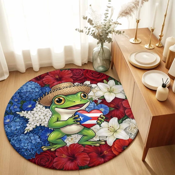 Round Rugs 5Ft, Funny Frog Round Area Rug Washable Indoor Throw Carpet, Farmhouse Red Blue Floral Puerto Rico Flag Soft Non Slip Circle Rug for Cabinet Bathroom Home Decor Aesthetic