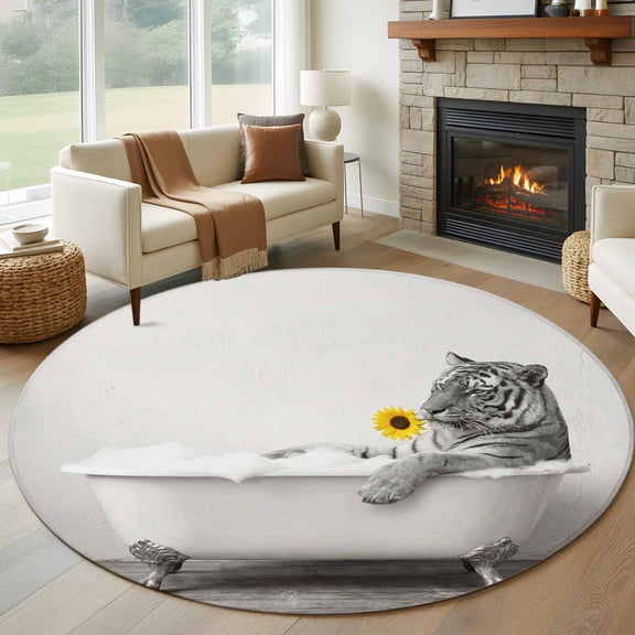Round Rugs 5Ft, Funny Tiger Round Area Rug Washable Indoor Throw Carpet, Cute Art Vintage Lovely Animals on Bathtub Soft Non Slip Circle Rug for Cabinet Bathroom Home Decor Aesthetic