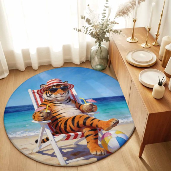 Round Rugs 5Ft, Funny Tiger Summer Beach Round Area Rug Washable Indoor Throw Carpet, Blue Sand Vacations Soft Non Slip Circle Rug for Cabinet Bathroom Home Decor Aesthetic