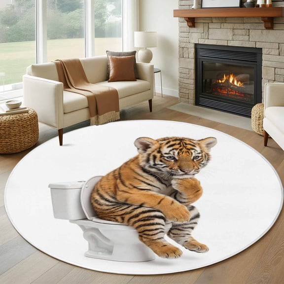 Round Rugs 5Ft, Funny Tigers Round Area Rug Washable Indoor Throw Carpet, Cute Art Fun Lovely Animals on Toilets Soft Non Slip Circle Rug for Cabinet Bathroom Home Decor Aesthetic