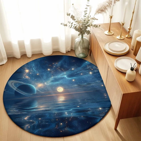 Round Rugs 5Ft, Galaxy Space Round Area Rug Washable Indoor Throw Carpet, Universe Planets Sparkling Stars Moon Blue Soft Non Slip Circle Rug for Cabinet Bathroom Home Decor Aesthetic