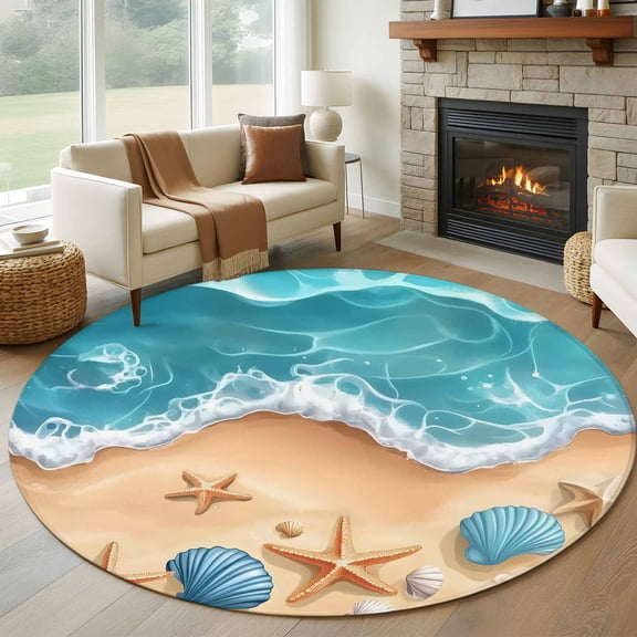 Round Rugs 5Ft, Geometric Coastal Round Area Rug Washable Indoor Throw Carpet, Cartoon Starfish Shell Sea Waves Soft Non Slip Circle Rug for Cabinet Bathroom Home Decor Aesthetic