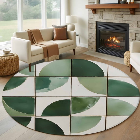 Round Rugs 5Ft, Geometric Green Round Area Rug Washable Indoor Throw Carpet, Modern Aesthetics Abstract Art Soft Non Slip Circle Rug for Cabinet Bathroom Home Decor Aesthetic