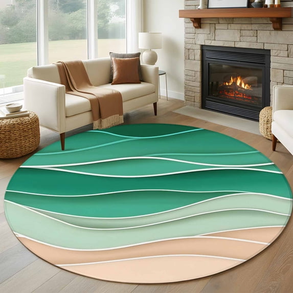 Round Rugs 5Ft, Geometric Green Round Area Rug Washable Indoor Throw Carpet, Ocean Wave Stripes Modern Abstract Beach Soft Non Slip Circle Rug for Cabinet Bathroom Home Decor Aesthetic