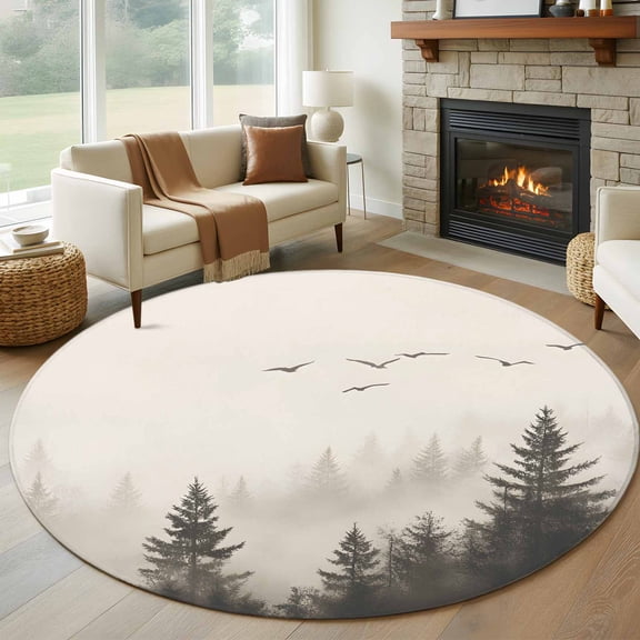 Round Rugs 5Ft, Gray Mist Forest Round Area Rug Washable Indoor Throw Carpet, Vintage Trees Birds Natural Landscape Soft Non Slip Circle Rug for Cabinet Bathroom Home Decor Aesthetic