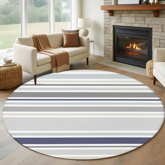 Round Rugs 5Ft, Gray Stripe Round Area Rug Washable Indoor Throw Carpet, Modern Abstract Art Navy Blue Striped Rustic Soft Non Slip Circle Rug for Cabinet Bathroom Home Decor Aesthetic