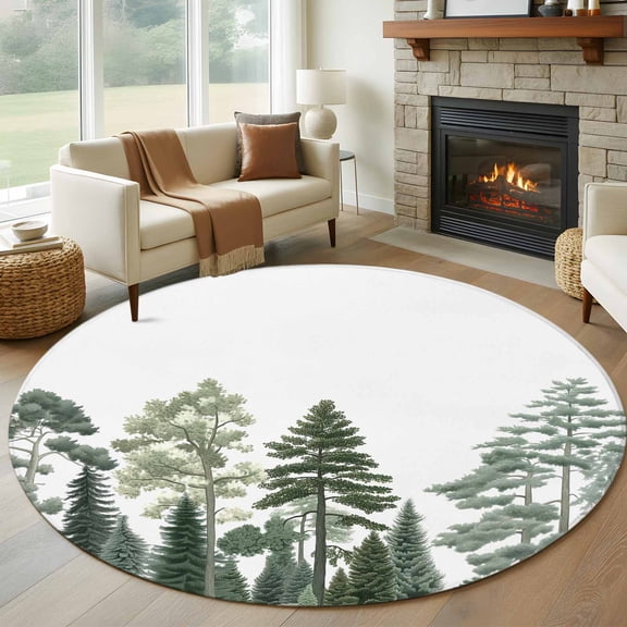 Round Rugs 5Ft, Green Botanical Round Area Rug Washable Indoor Throw Carpet, Farmhouse Watercolor Pine Tree Soft Non Slip Circle Rug for Cabinet Bathroom Home Decor Aesthetic