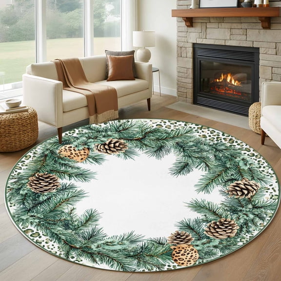 Round Rugs 5Ft, Green Botanical Round Area Rug Washable Indoor Throw Carpet, Pine Cones Needles Farmhouse Soft Non Slip Circle Rug for Cabinet Bathroom Home Decor Aesthetic