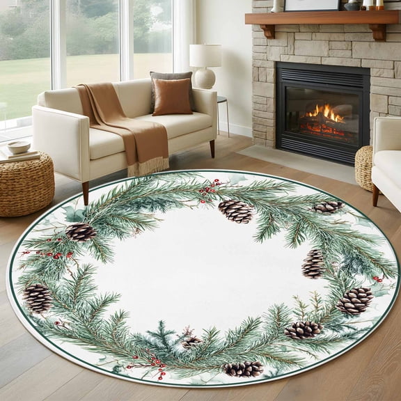 Round Rugs 5Ft, Green Botanical Round Area Rug Washable Indoor Throw Carpet, Pine Cones Needles Soft Non Slip Circle Rug for Cabinet Bathroom Home Decor Aesthetic