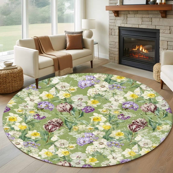 Round Rugs 5Ft, Green Botanical Round Area Rug Washable Indoor Throw Carpet, Spring Floral Summer Botanical Rustic Soft Non Slip Circle Rug for Cabinet Bathroom Home Decor Aesthetic