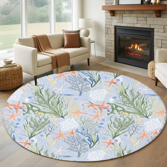 Round Rugs 5Ft, Green Coral Ocean Round Area Rug Washable Indoor Throw Carpet, Summer Shell Starfish Coastal Beach Soft Non Slip Circle Rug for Cabinet Bathroom Home Decor Aesthetic