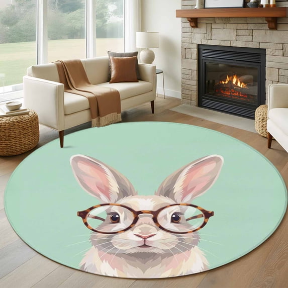 Round Rugs 5Ft, Green Cute Bunny Round Area Rug Washable Indoor Throw Carpet, Funny Rabbits Modern Art Soft Non Slip Circle Rug for Cabinet Bathroom Home Decor Aesthetic