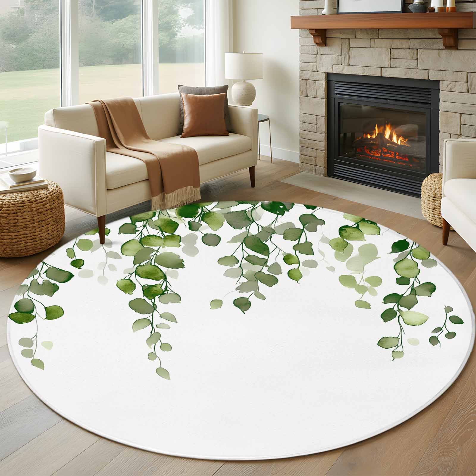 Round Rugs 5Ft, Green Eucalyptus Leaves Round Area Rug Washable Indoor ...