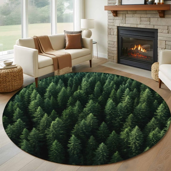 Round Rugs 5Ft, Green Forest Round Area Rug Washable Indoor Throw Carpet, Pine Trees Modern Mysterious Art Soft Non Slip Circle Rug for Cabinet Bathroom Home Decor Aesthetic