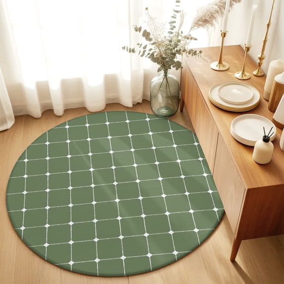 Round Rugs 5Ft, Green Gingham Round Area Rug Washable Indoor Throw Carpet, Modern Minimalist Geometric Plaid Soft Non Slip Circle Rug for Cabinet Bathroom Home Decor Aesthetic
