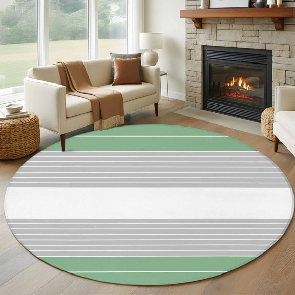 Round Rugs 5Ft, Green Grey Stripe Round Area Rug Washable Indoor Throw Carpet, Modern Art Horizontal Striped Soft Non Slip Circle Rug for Cabinet Bathroom Home Decor Aesthetic