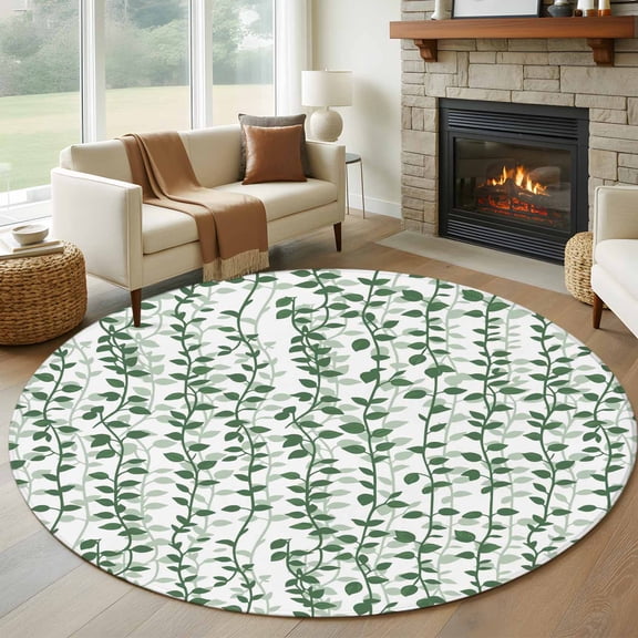 Round Rugs 5Ft, Green Ivy Leaves Round Area Rug Washable Indoor Throw Carpet, Spring Plants Botanical Modern Country Soft Non Slip Circle Rug for Cabinet Bathroom Home Decor Aesthetic