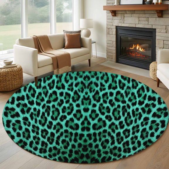Round Rugs 5Ft, Green Leopard Print Round Area Rug Washable Indoor Throw Carpet, Farmhouse Abstract Animal Patterned Soft Non Slip Circle Rug for Cabinet Bathroom Home Decor Aesthetic