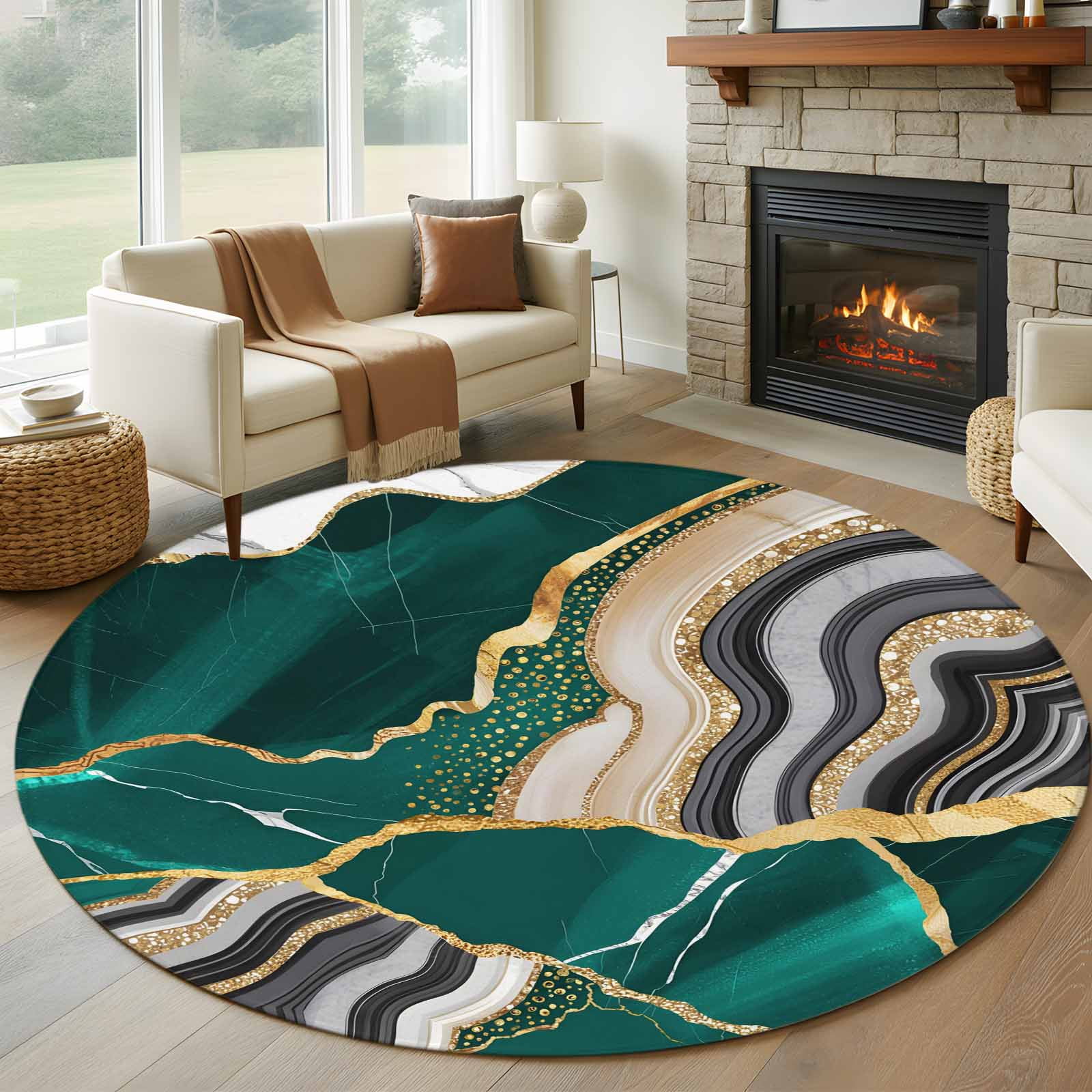 Round Rugs 5Ft, Green Marble Round Area Rug Washable Indoor Throw Carpet, Grey Gold Texture Vintage Farmhouse Art Soft Non Slip Circle Rug for Cabinet Bathroom Home Decor Aesthetic