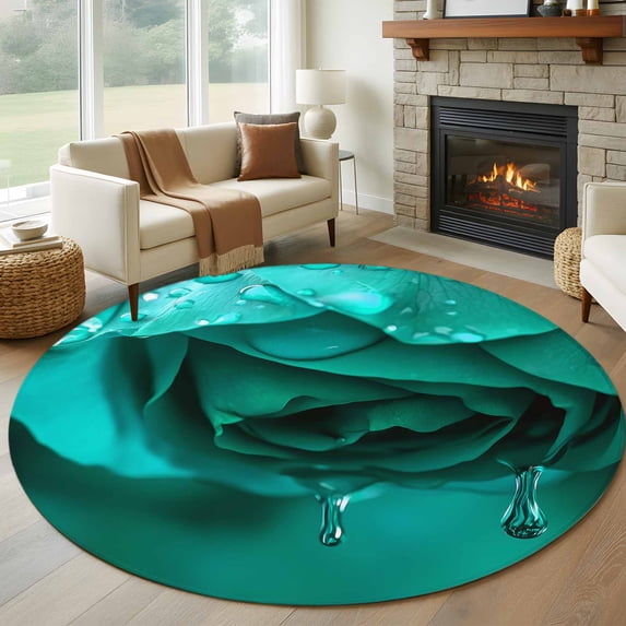 Round Rugs 5Ft, Green Rose Round Area Rug Washable Indoor Throw Carpet, Elegance Fantasy Flowers Romantic Soft Non Slip Circle Rug for Cabinet Bathroom Home Decor Aesthetic