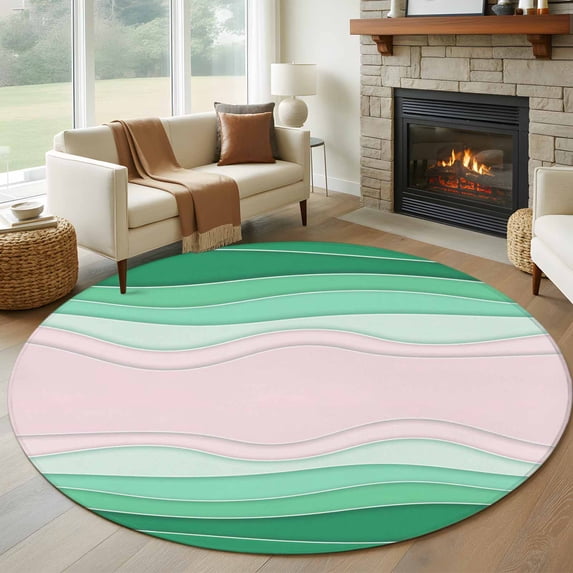 Round Rugs 5Ft, Green Stripes Round Area Rug Washable Indoor Throw Carpet, Light Pink Ombre Simple Abstract Lines Soft Non Slip Circle Rug for Cabinet Bathroom Home Decor Aesthetic
