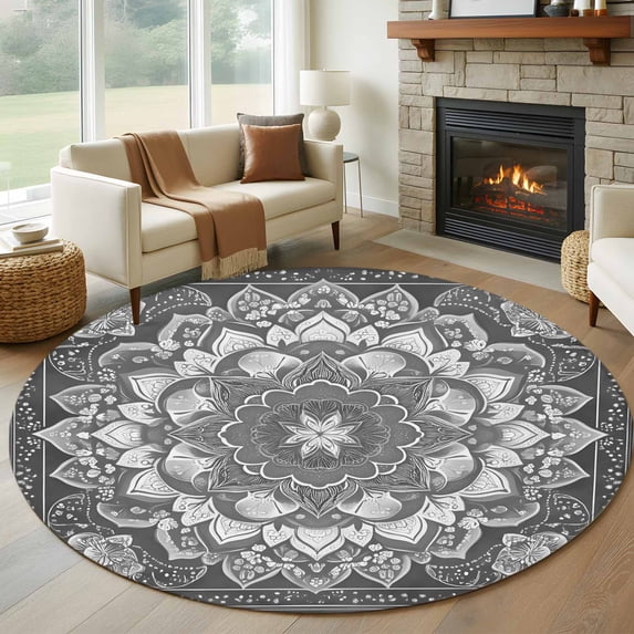 Round Rugs 5Ft, Grey Boho Round Area Rug Washable Indoor Throw Carpet, Abstract Floral Southwestern Ethnic Tribal Soft Non Slip Circle Rug for Cabinet Bathroom Home Decor Aesthetic