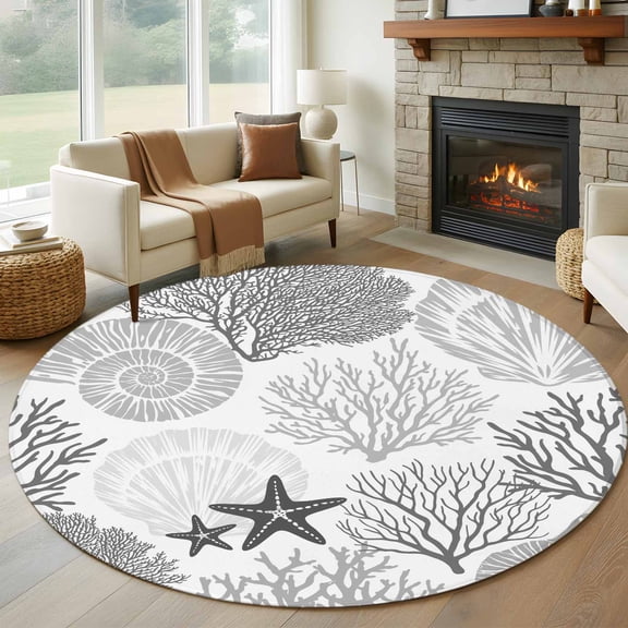 Round Rugs 5Ft, Grey Coastal Round Area Rug Washable Indoor Throw Carpet, Ocean Coral Starfish Shell Modern Sea Soft Non Slip Circle Rug for Cabinet Bathroom Home Decor Aesthetic