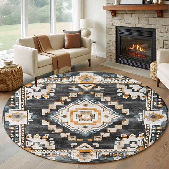 Round Rugs 5Ft, Grey Orange Boho Round Area Rug Washable Indoor Throw Carpet, Southwestern Ethnic Retro Geometric Soft Non Slip Circle Rug for Cabinet Bathroom Home Decor Aesthetic