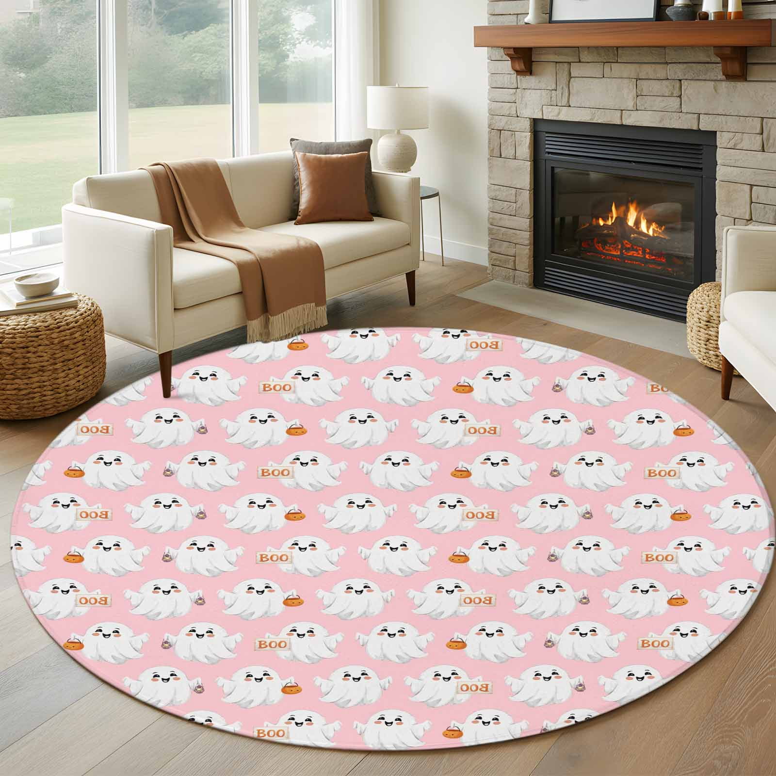 Round Rugs 5Ft, Halloween Cute Ghost Round Area Rug Washable Indoor ...