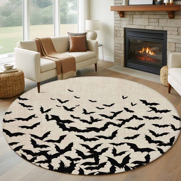 Round Rugs 5Ft, Halloween Round Area Rug Washable Indoor Throw Carpet, Beige Rustic Horror Bat Spooky Halloween Soft Non Slip Circle Rug for Cabinet Bathroom Home Decor Aesthetic