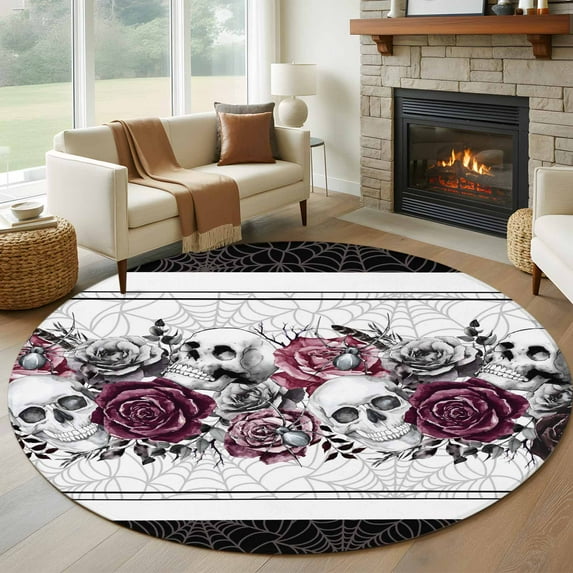 Round Rugs 5Ft, Halloween Round Area Rug Washable Indoor Throw Carpet, Black Purple Skull Roses Horror Flower Soft Non Slip Circle Rug for Cabinet Bathroom Home Decor Aesthetic