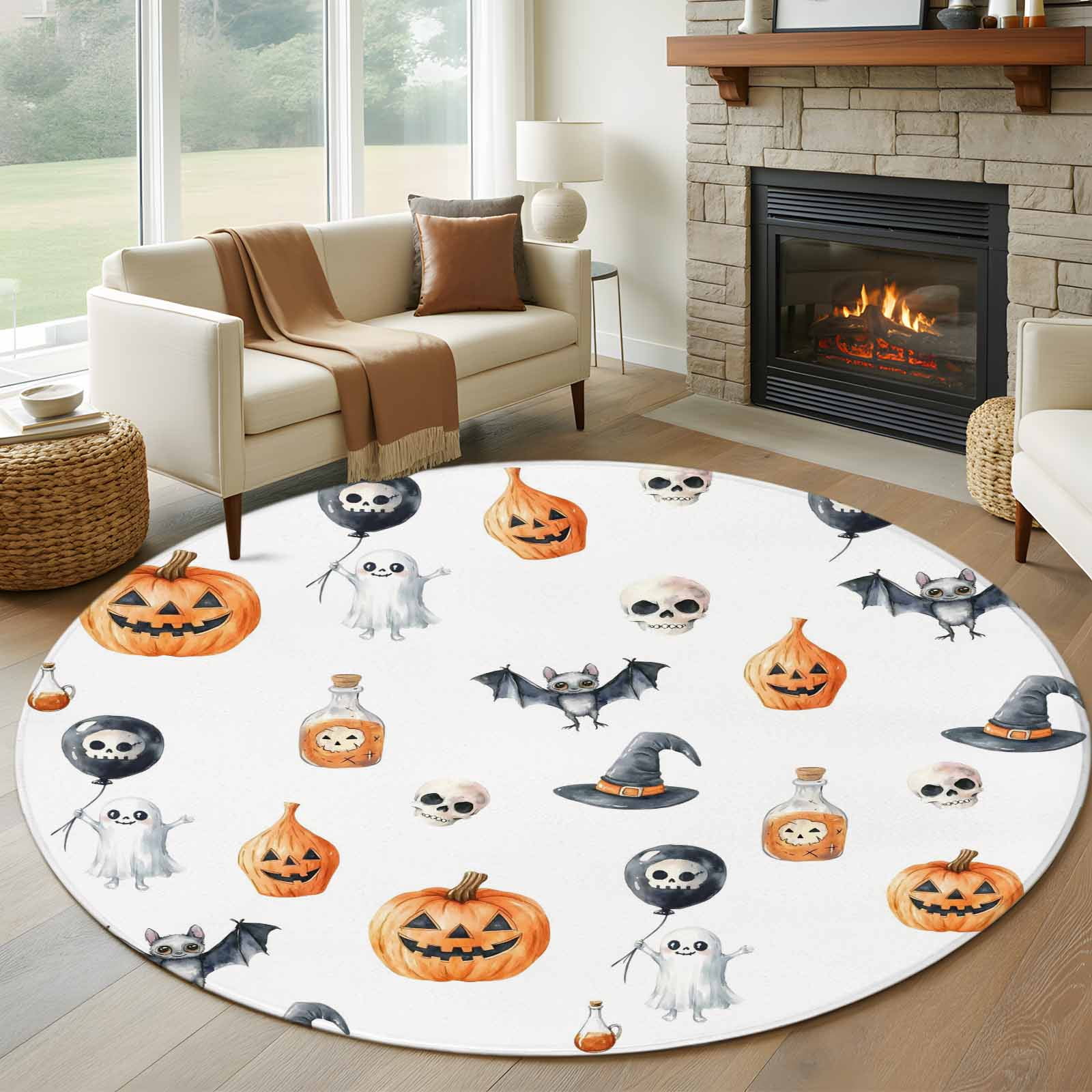 Large Spooky Rug Round Rugs 5Ft, Halloween Round Area Rug Washable Indoor Throw Carpet ...