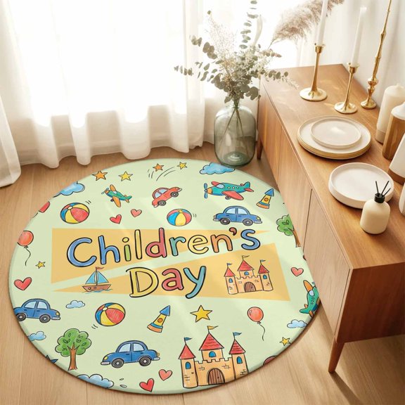 Round Rugs 5Ft, Happy Children's Day Round Area Rug Washable Indoor Throw Carpet, Cartoon Castle Childhood Innocence Soft Non Slip Circle Rug for Cabinet Bathroom Home Decor Aesthetic