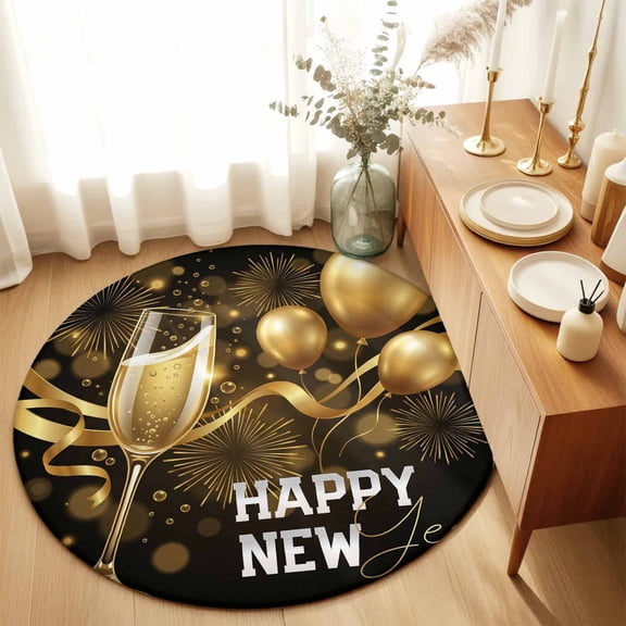 Round Rugs 5Ft, Happy New Year Round Area Rug Washable Indoor Throw Carpet, Yellow Champagne Balloons Ribbons Luxury Soft Non Slip Circle Rug for Cabinet Bathroom Home Decor Aesthetic