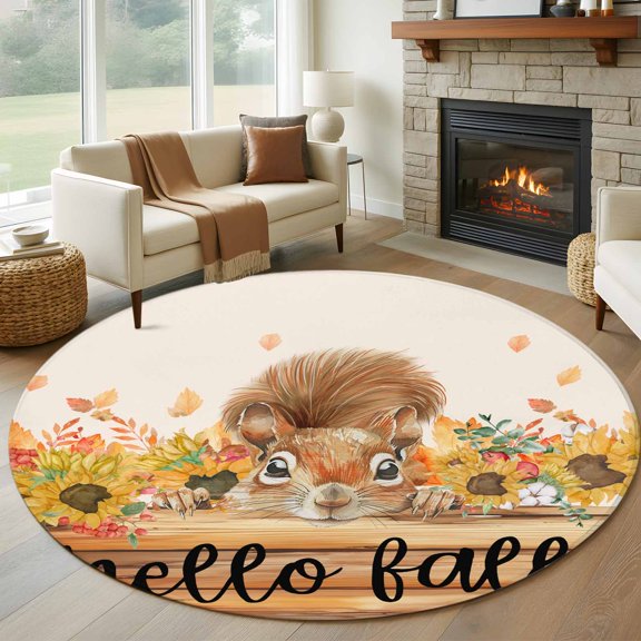 Round Rugs 5Ft, Hello Fall Squirrel Round Area Rug Washable Indoor Throw Carpet, Pink Pumpkins Thanksgiving Soft Non Slip Circle Rug for Cabinet Bathroom Home Decor Aesthetic