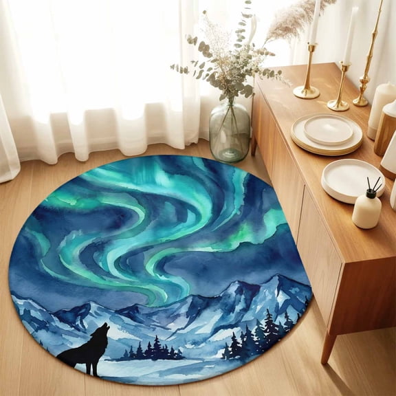 Round Rugs 5Ft, Howling Wolf Round Area Rug Washable Indoor Throw Carpet, Boho Sky Boho Navy Turquoise Snowy Rustic Soft Non Slip Circle Rug for Cabinet Bathroom Home Decor Aesthetic