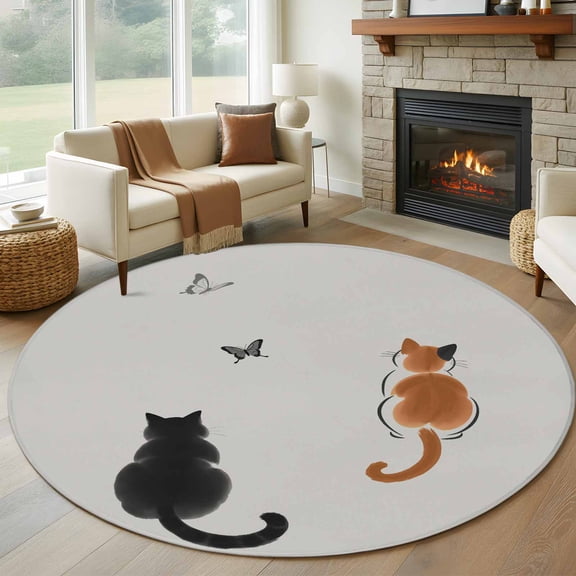 Round Rugs 5Ft, Japanese Cute Cat Round Area Rug Washable Indoor Throw Carpet, Harmony Cartoon Kitty Butterfly Soft Non Slip Circle Rug for Cabinet Bathroom Home Decor Aesthetic