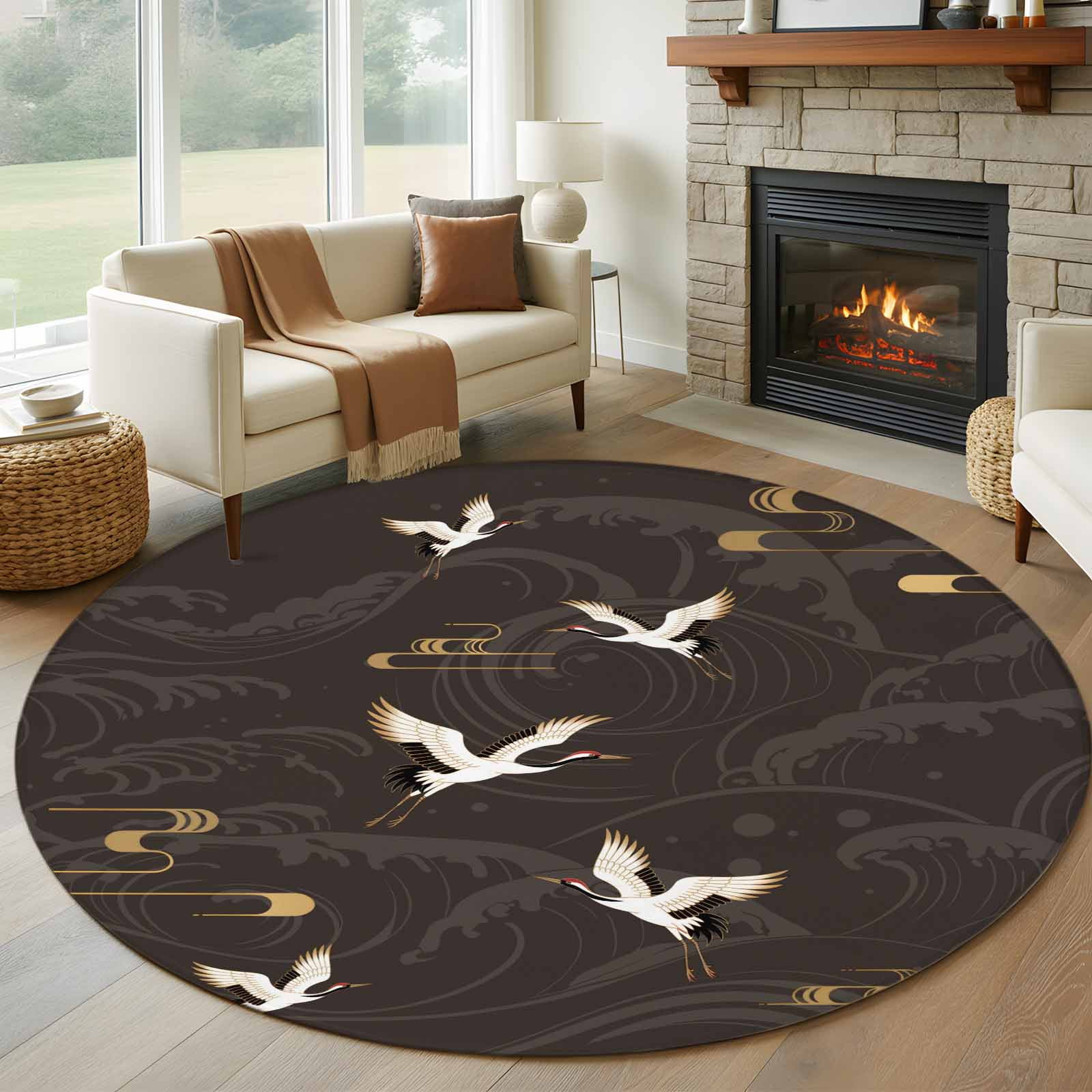 Japanese Looking Rug Round Rugs 5Ft, Japanese Style Round Area Rug Washable Indoor Throw ...