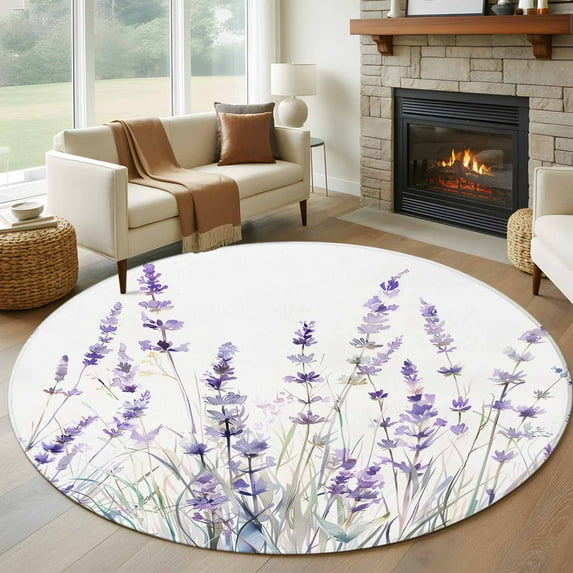 Round Rugs 5Ft, Lavender Floral Round Area Rug Washable Indoor Throw Carpet, Spring Flowers Botanical Plants Soft Non Slip Circle Rug for Cabinet Bathroom Home Decor Aesthetic