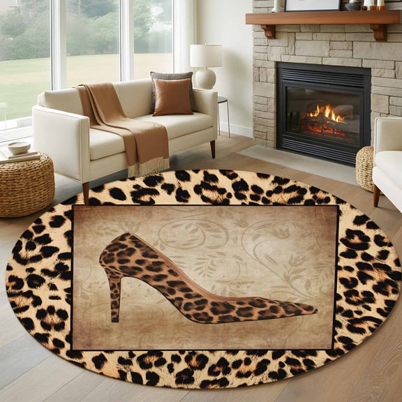 Round Rugs 5Ft, Leopard Print Round Area Rug Washable Indoor Throw Carpet, Vintage Rustic High Heels Animal Texture Soft Non Slip Circle Rug for Cabinet Bathroom Home Decor Aesthetic