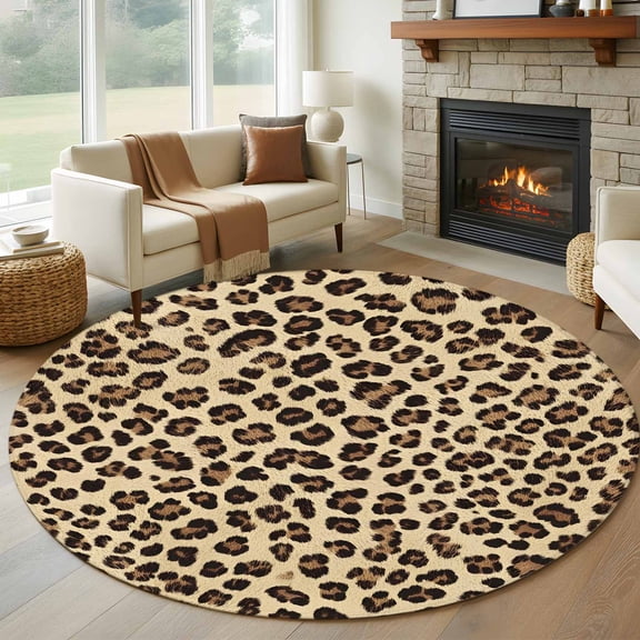 Round Rugs 5Ft, Leopard Round Area Rug Washable Indoor Throw Carpet, Brown Black Beige Modern Abstract Impressionist Soft Non Slip Circle Rug for Cabinet Bathroom Home Decor Aesthetic