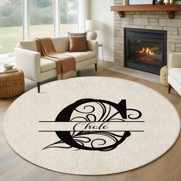 Round Rugs 5Ft, Letter C Round Area Rug Washable Indoor Throw Carpet, Monogram Words Soft Non Slip Circle Rug for Cabinet Bathroom Home Decor Aesthetic