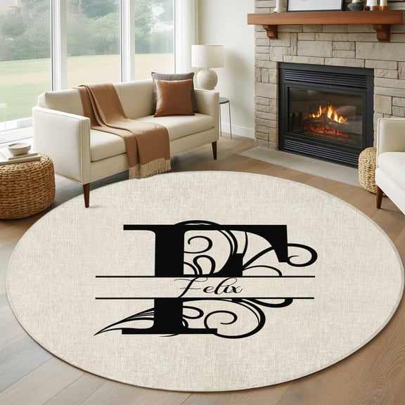 Round Rugs 5Ft, Letter F Round Area Rug Washable Indoor Throw Carpet, Monogram Words Soft Non Slip Circle Rug for Cabinet Bathroom Home Decor Aesthetic