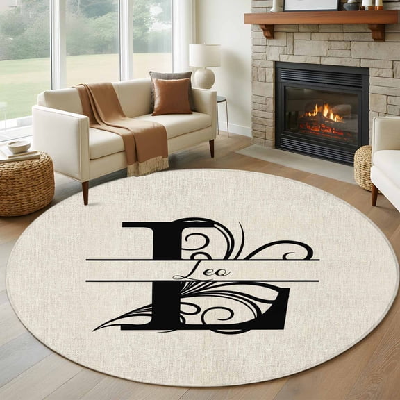 Round Rugs 5Ft, Letter L Round Area Rug Washable Indoor Throw Carpet, Monogram Words Soft Non Slip Circle Rug for Cabinet Bathroom Home Decor Aesthetic