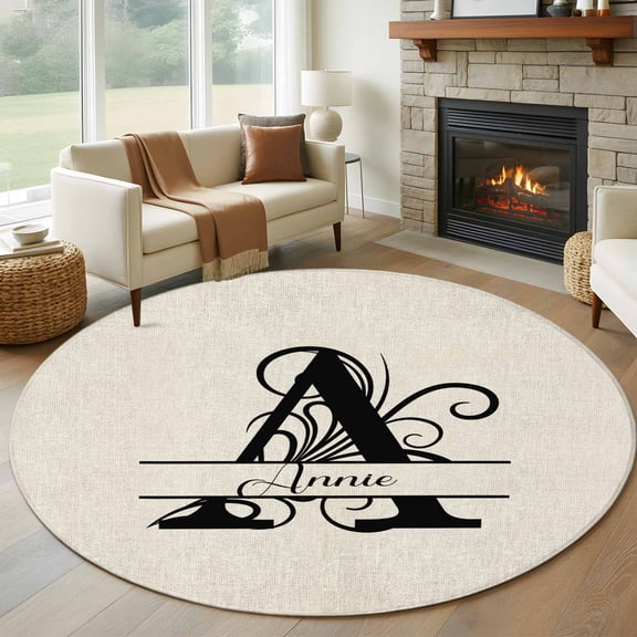Round Rugs 5Ft, Letter A Round Area Rug Washable Indoor Throw Carpet, Monogram Words Soft Non Slip Circle Rug for Cabinet Bathroom Home Decor Aesthetic