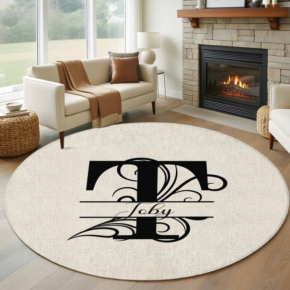 Round Rugs 5Ft, Letter T Round Area Rug Washable Indoor Throw Carpet, Monogram Words Soft Non Slip Circle Rug for Cabinet Bathroom Home Decor Aesthetic